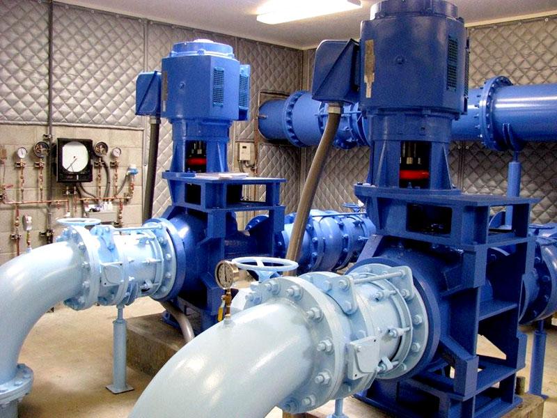 Large blue valve and pipe in a Northern California food and beverage facility.